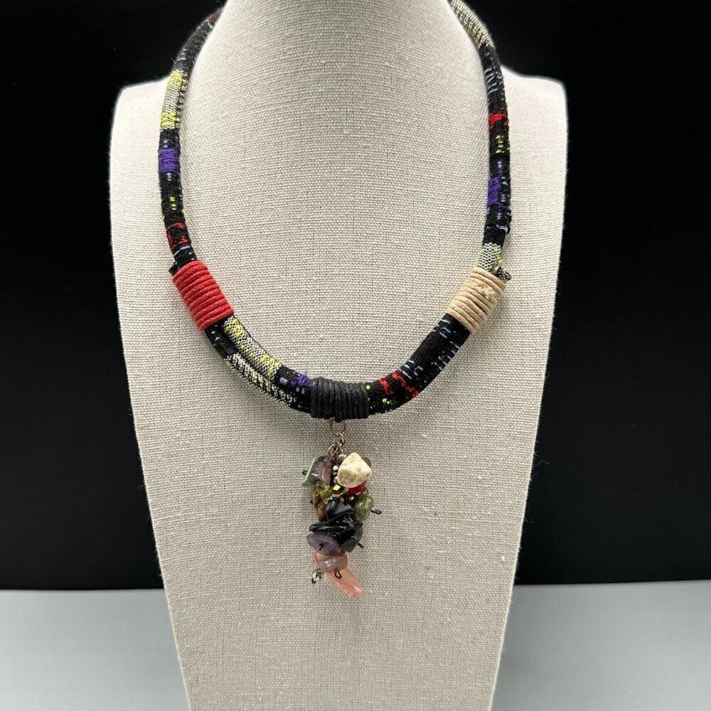 3/$30 Tribal Style Fabric Cord Necklace Mixed Stone Cluster Drop Pendant Boho